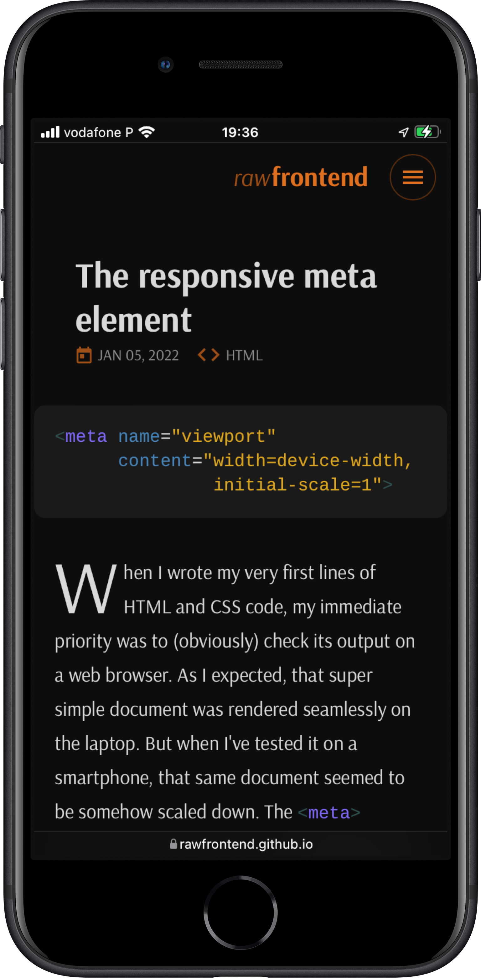 iPhone screenshot of this web page rendered with the viewport
                  meta tag (full size).