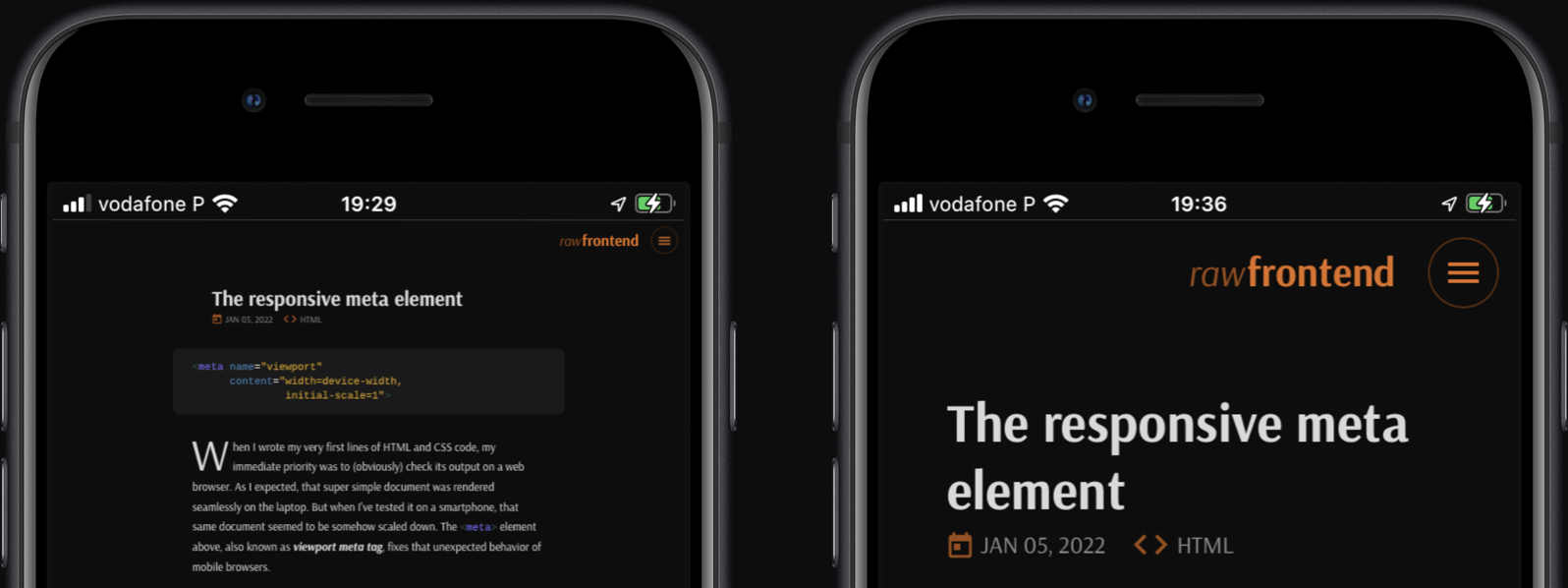 Two cropped iPhone screenshots displaying a web page
                    rendered at different scales.